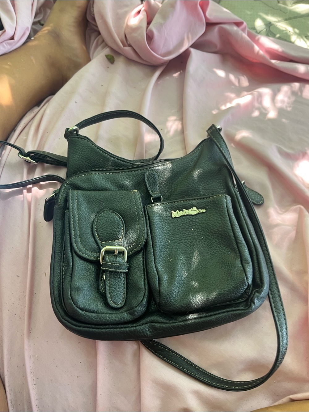 Madison Park Black Pebble Leather Shoulder Bag with Front Pockets